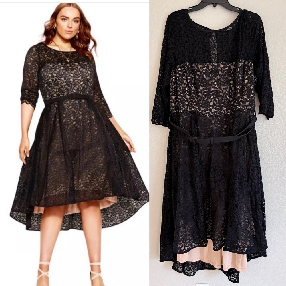 City Chic Plus Size Lace Lover Black High Low Dress Midi Belt